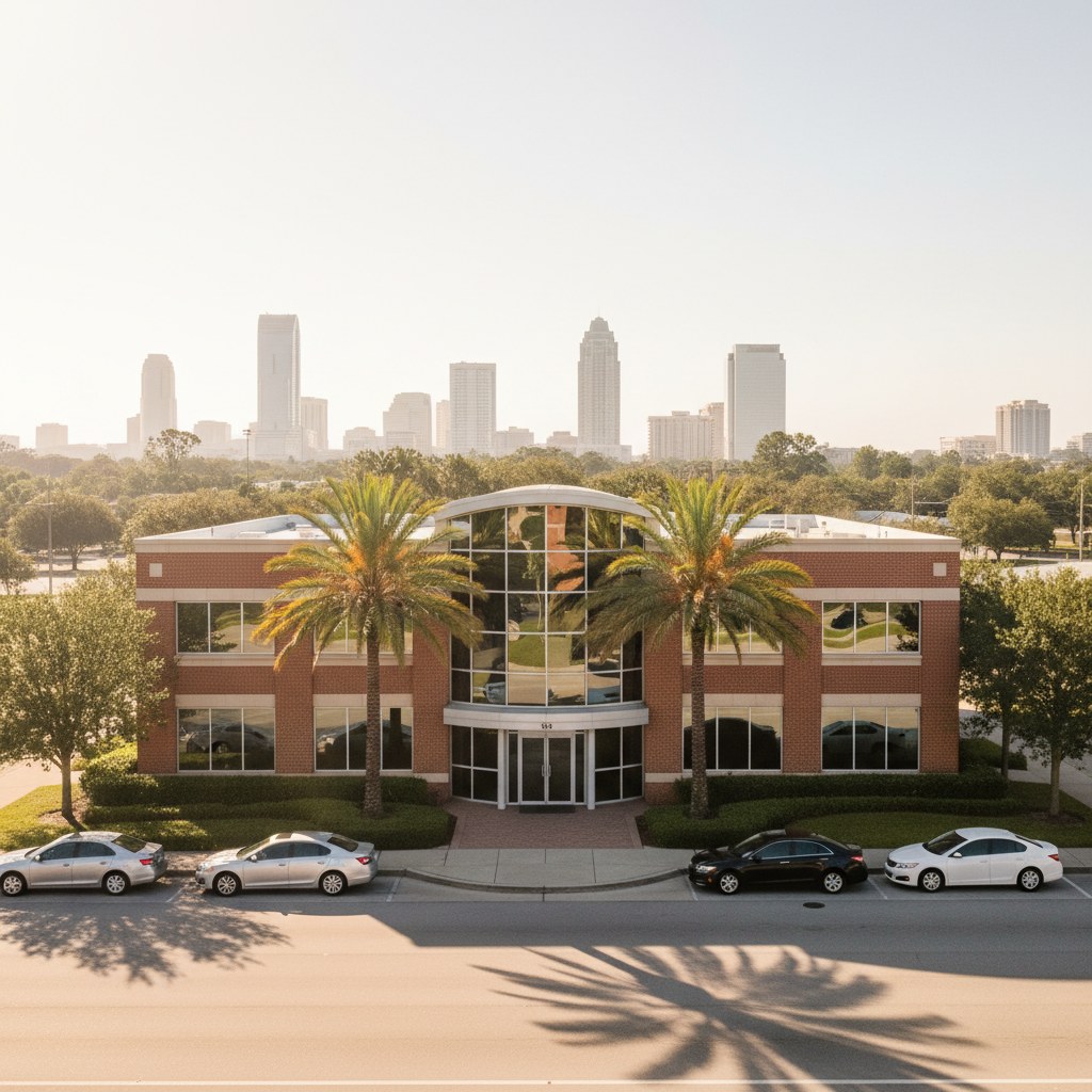 Small Orlando professional services office with palm trees and downtown skyline in the distance